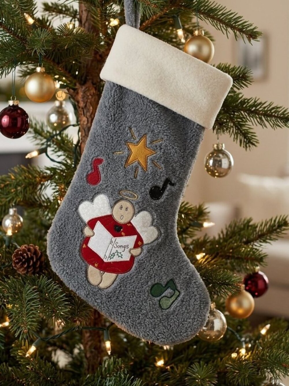 Christmas Holiday Festive Decor Hanging Stocking Gray Fleece Angles